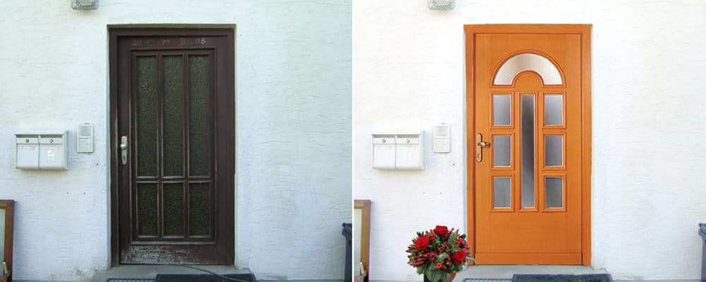 Haustüren-Fotomontage Rubner Holzhaustür gegen alte Holztür